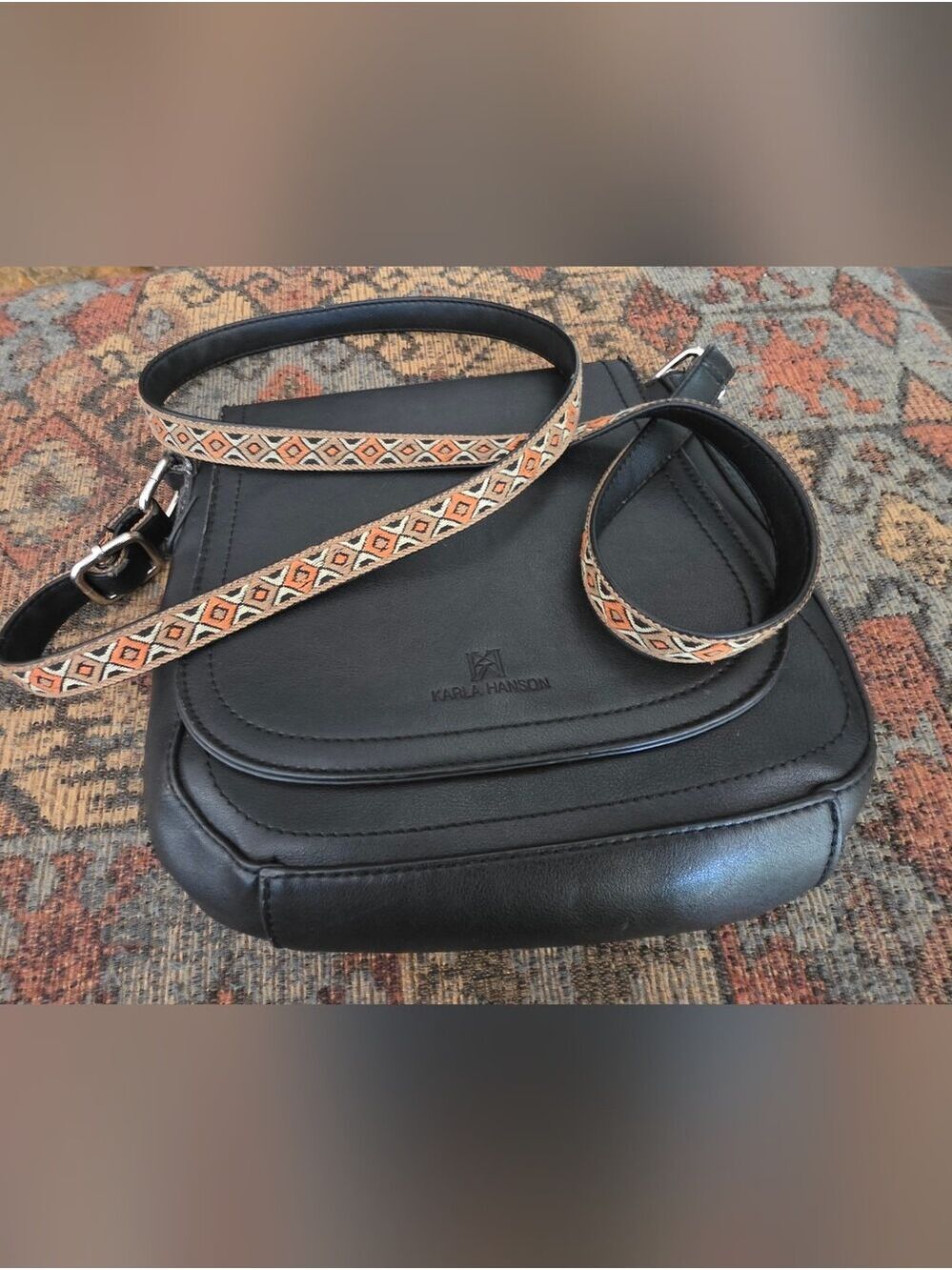 4/$67 Deal! Black Crossbody Bag with Patterned Strap